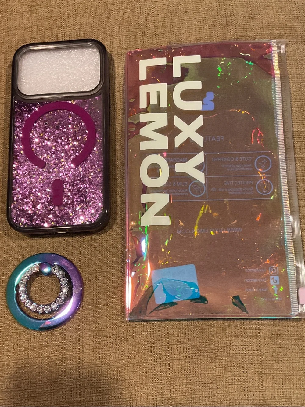 Luxy Lemon IPhone 17 Pro Purple Glitter Phone Case with Matching Ring Holder